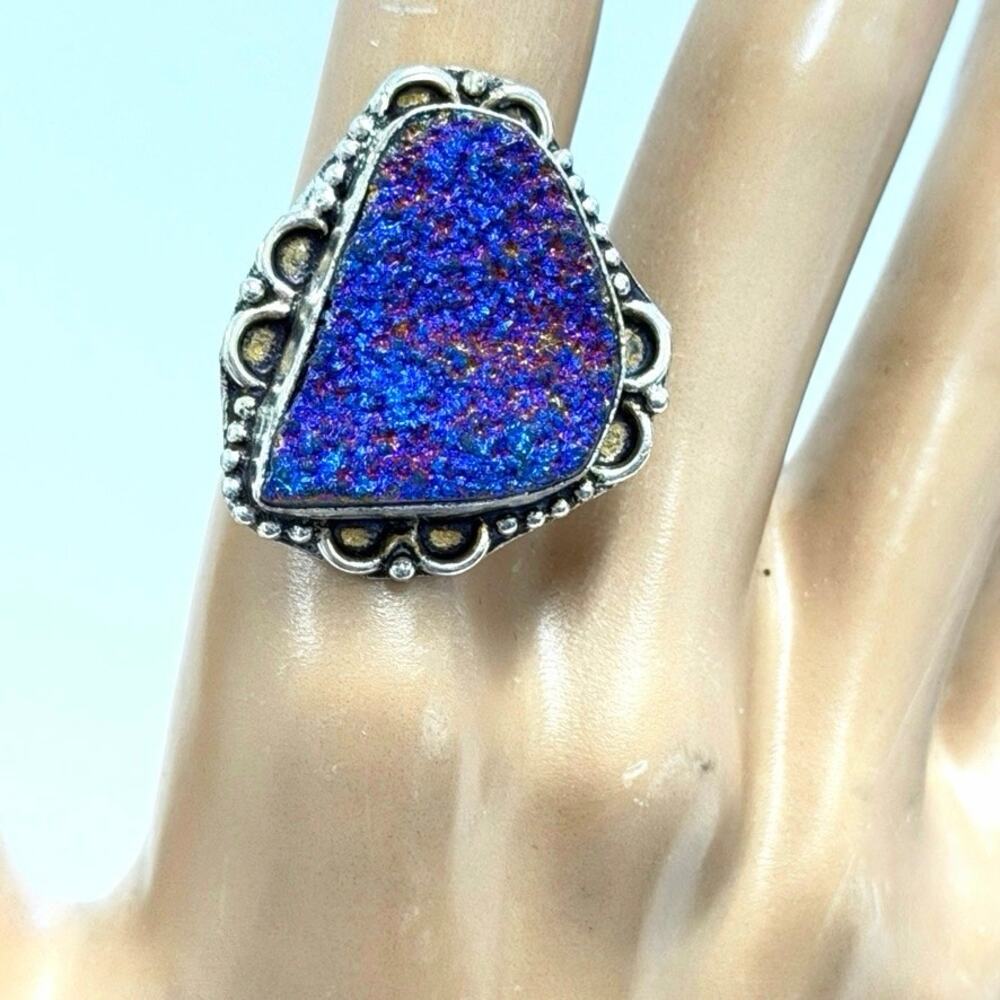 Hand Crafted Tanzine Aura Quartz Ring Silver Plated Size‎ 8.5 Gift Box